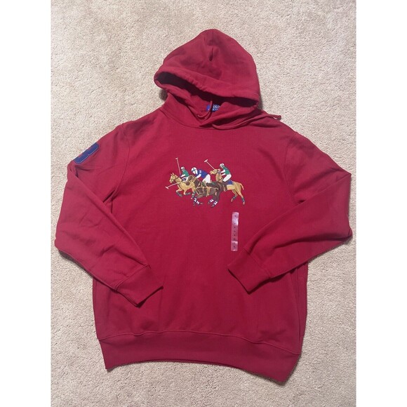 POLO RALPH LAUREN Red Triple Pony Graphic Fleece Pullover Hoodie L $188 NWT - Picture 1 of 7